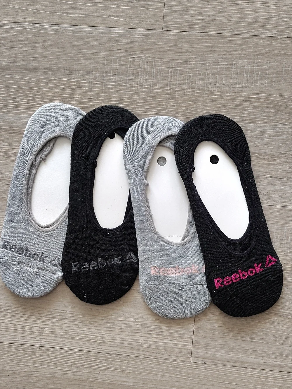 Reebok No-Show Liner Socks — Black & Gray with Pink Logo Accents (4-Pack)